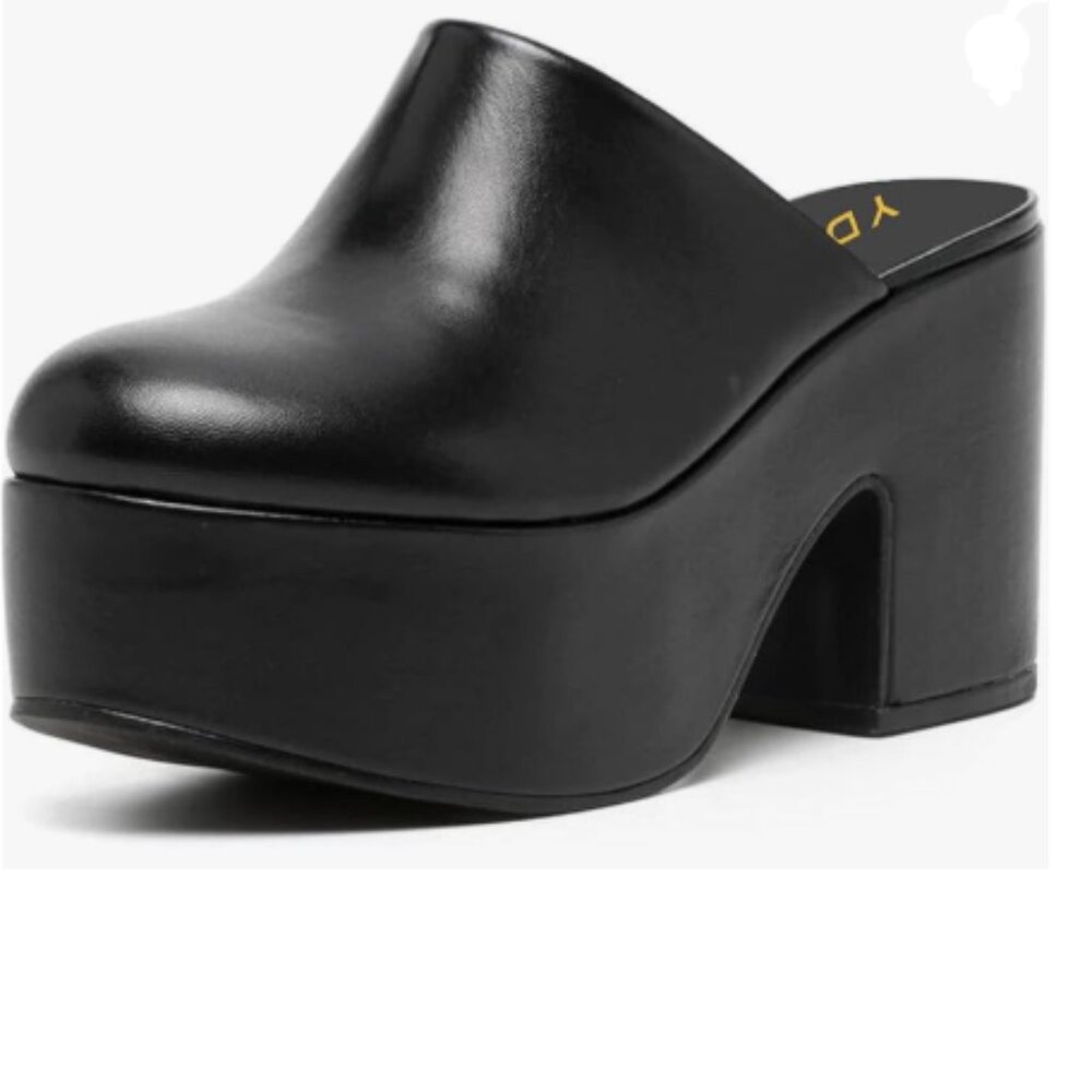 YDN Black Block Heel Mules Cozy Platform Chunky Sandals Closed Toe Slip On Clogs